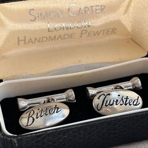 Bitter & Twisted pewter cuff links, vintage Simon Carter London, in leather box